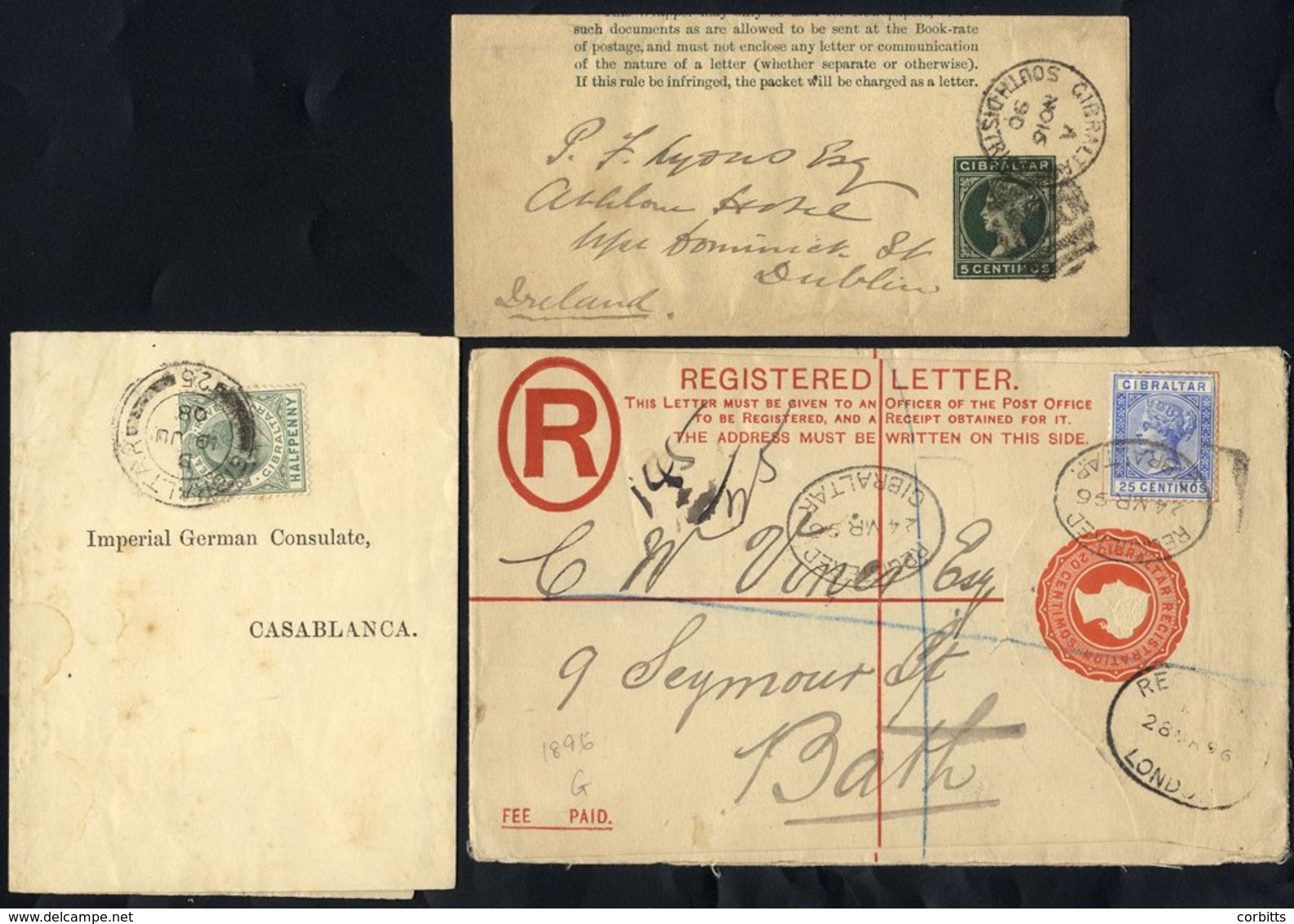 1890 5c Wrapper Cancelled A26 And GIB/SOUTH DISTRICT C.d.s, 1896 20c Reg Envelope To Bath With 25c Added & 1908 Printed  - Other & Unclassified