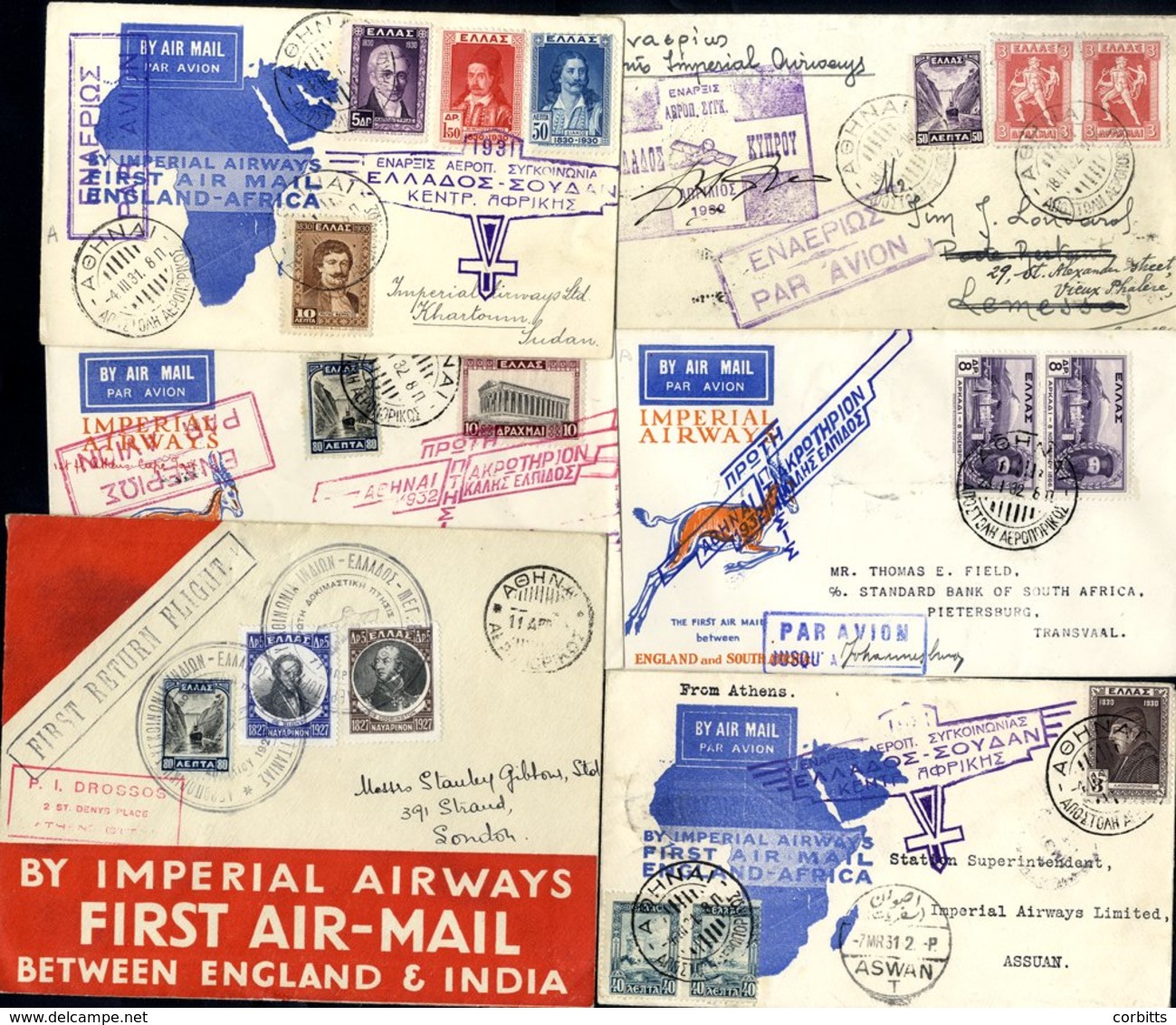 1929-32 First Flight Covers (6) From 1929 April 12th Imperial Airways Athens - London Official Cacheted Cover, 1931 Marc - Other & Unclassified