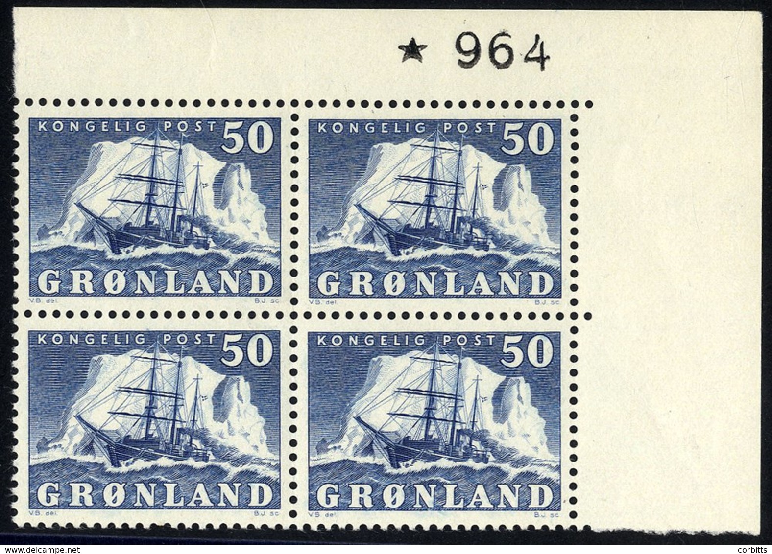 1950-60 50o Polar Ship Upper Right Corner Marginal UM Block Of Four, Minor Gum Bend Affecting Single Stamps, SG.33, Cat. - Autres & Non Classés