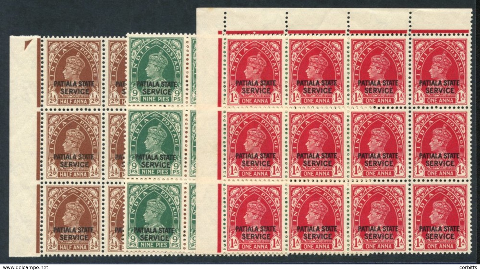PATIALA OFFICIALS 1937 ½a, 9p & 1a Each UM Block Of Twelve (two Blocks Are Marginal), SG.O63/5. (36) Cat. £192. - Other & Unclassified