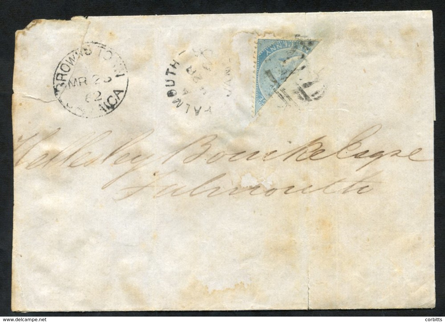 1862 Outer Letter Sheet With A Bisected 1d Cancelled By A Barred 'A77' Cancel Of STEWART TOWN. Browns Town MR.25.62 & Fa - Autres & Non Classés