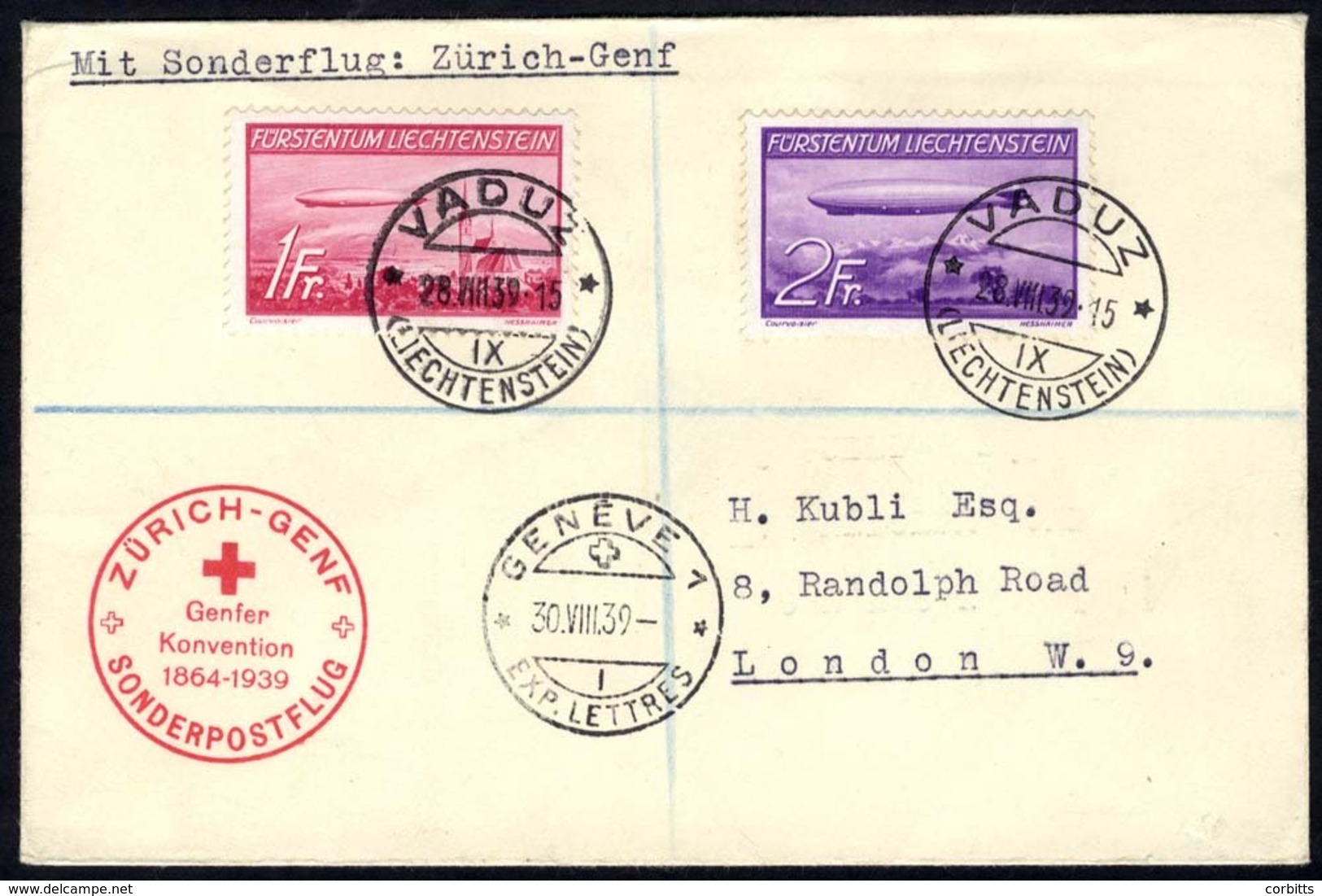 1939 Special Flight Cover For 75th Anniv Of Red Cross Franked 1936 Air Zeppelin Set (SG.151/2), Tied Vaduz C.d.s's, Bear - Other & Unclassified