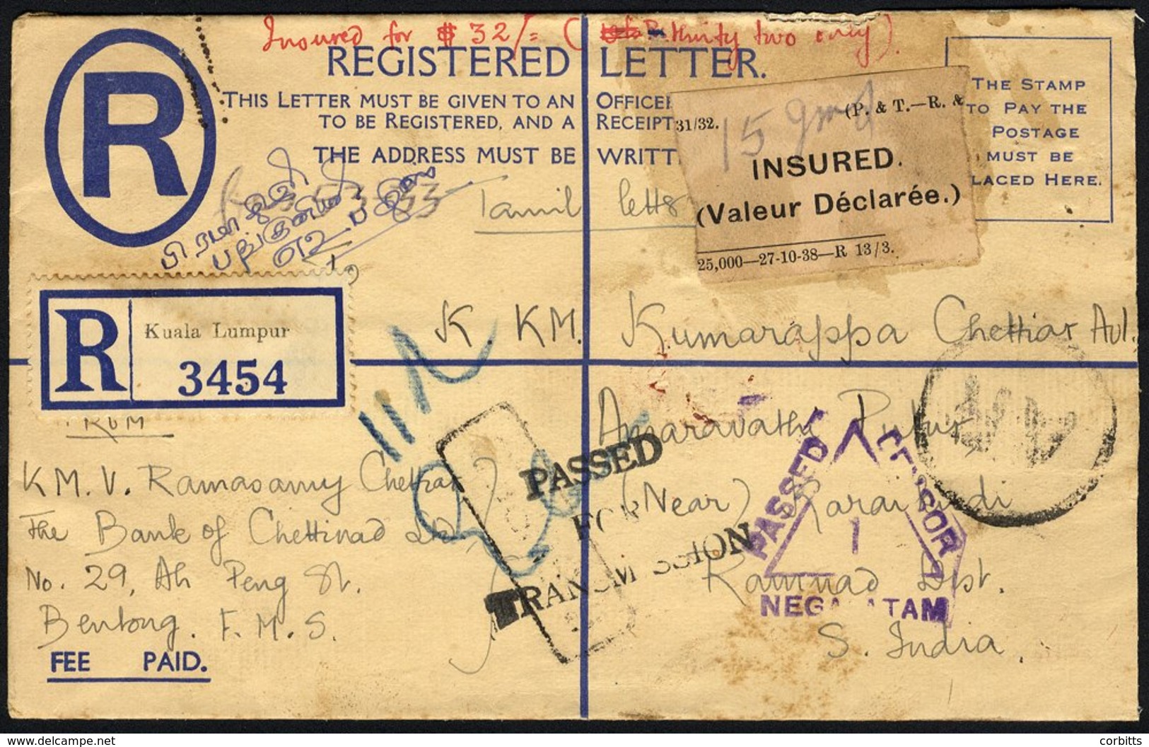 1939-later Insured, Reg & Censored Cover To India, 15c Selangor Envelope, Reg Kuala Lumpur, Added 35c Mosque Val, Anothe - Other & Unclassified