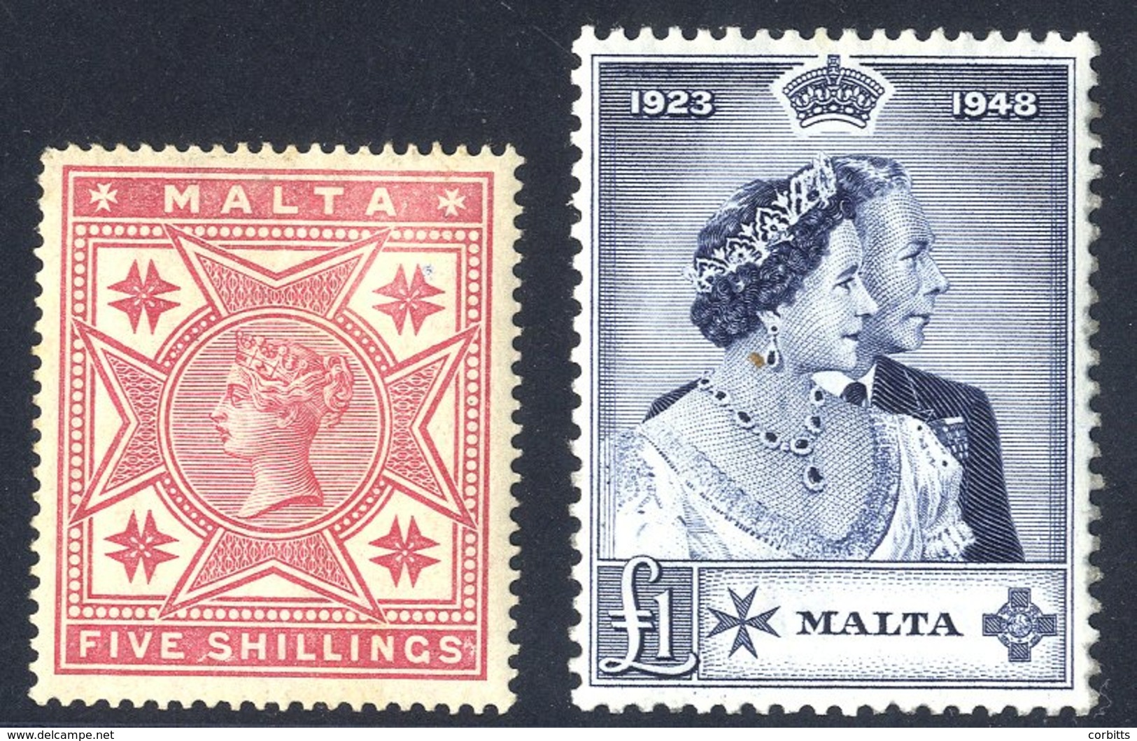 1886 5s Rose, M Example With Tiny Ink Dot At Upper Right, SG.30, 1948 Wedding £1 M. (2) - Other & Unclassified