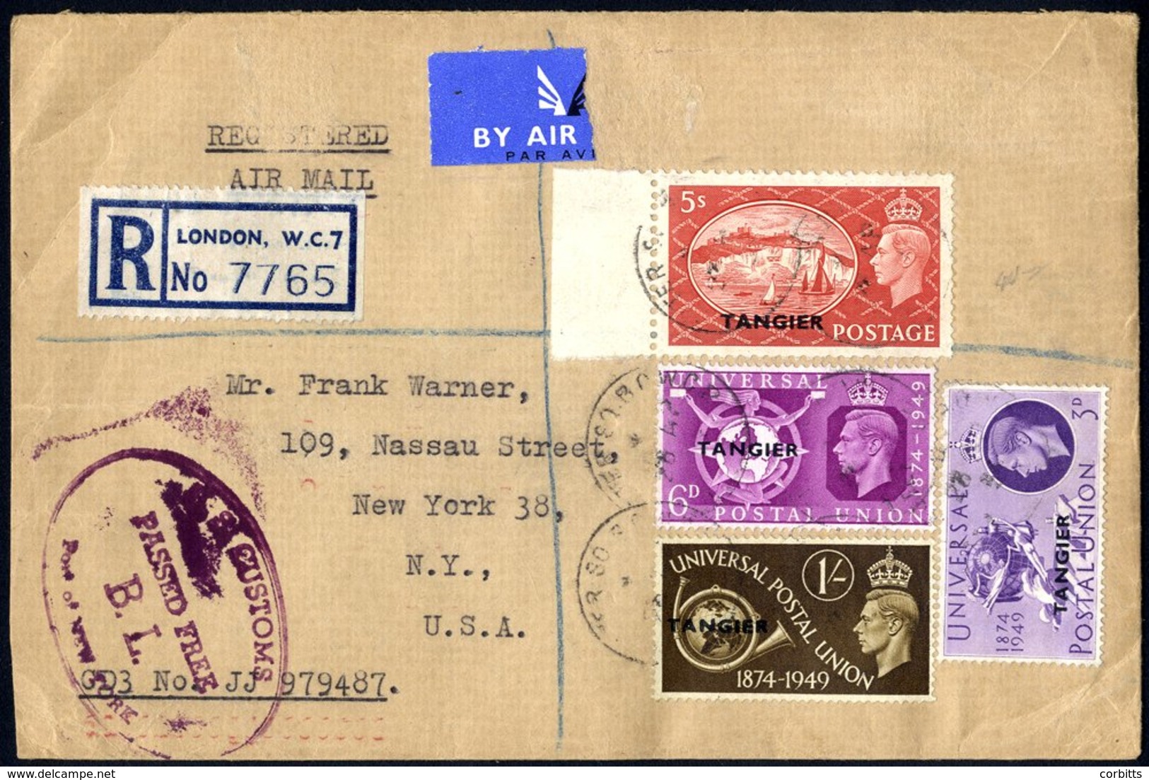 TANGIER 1954 Cover Sent Registered Airmail To The USA With GB Overprinted 5s & UPU 3d, 6d & 1s Canc. 28 AP 54. US 'Passe - Other & Unclassified