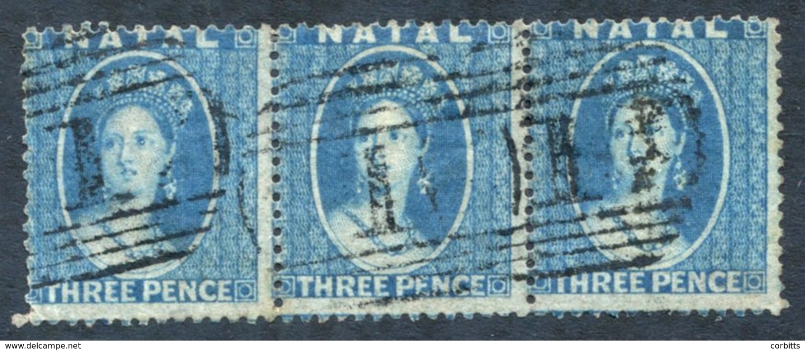 1859 3d Blue Perf 14 Strip Of Three (first Is Creased), Light Cancels, SG.10. - Autres & Non Classés