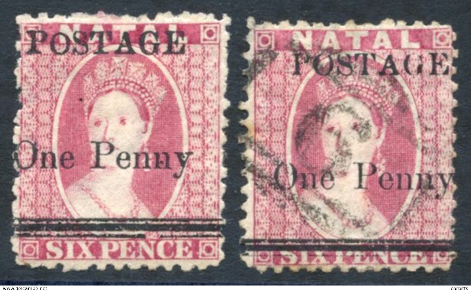 1879 One Penny On 6d Rose, M Large Part O.g, Plus A Used Example, Cancelled '6' Of Pinetown, SG.93. - Other & Unclassified