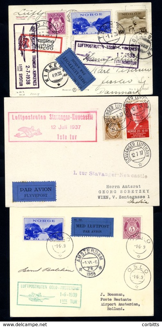 1937-39 First Flight Covers (3) From 1937 July 12th Allied Airways Stavanger - Newcastle With Large Red Cachet, 1938 Jul - Other & Unclassified