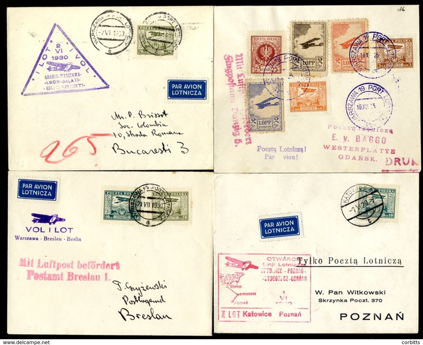 1925-30 First Flight Covers (4) From 1925 Dec 16th Warsaw - Danzig, Airport Arrival Cachet Bydgoszcz Set Of Three 2gr Lo - Other & Unclassified