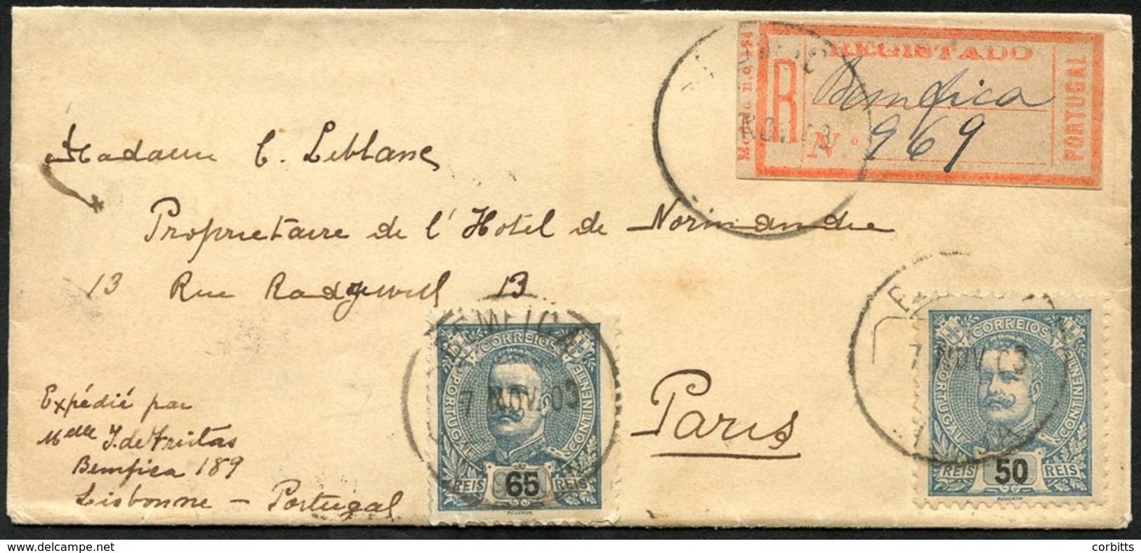 1903 Reg Envelope To France, Franked 50r Blue & 65r Deep Blue (Yv.132, 134), Tied Benfica Lisboa D/stamp With Reg Label  - Autres & Non Classés