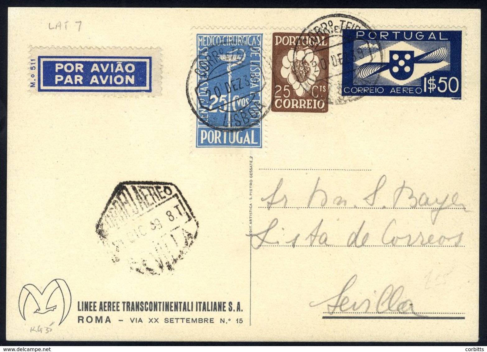 1939 Dec 20th LATI First Flight Lisburn - Seville LATI Publicity Card, Scarce (Ex Beith). - Other & Unclassified