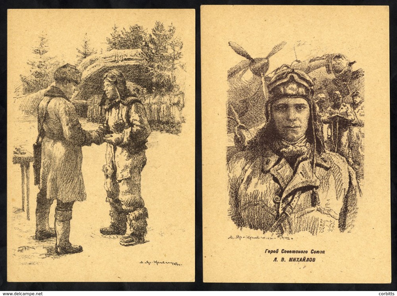 1940's Propaganda Cards In Sepia Of Russian Pilots & Aircraft (7 Different) VF. - Otros & Sin Clasificación