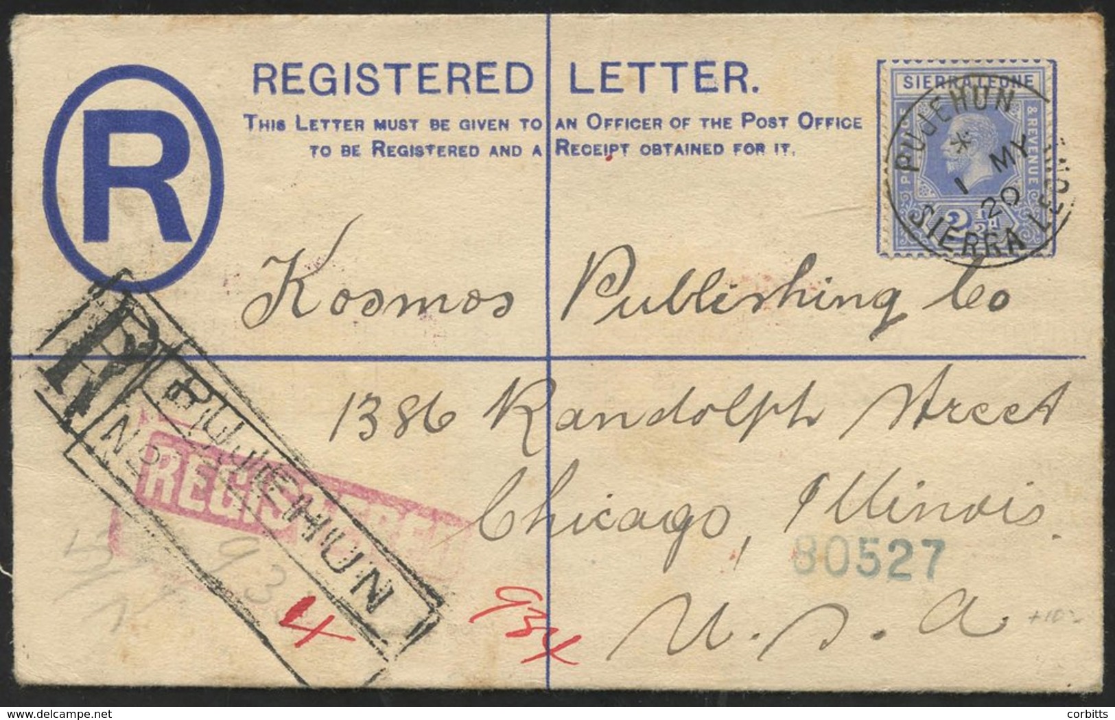 1920 2d Reg Envelope With KGV 2½d Addressed To Chicago, Value Tied Fine Pujehun S/line C.d.s, Also With Pujehun Reg H/st - Other & Unclassified