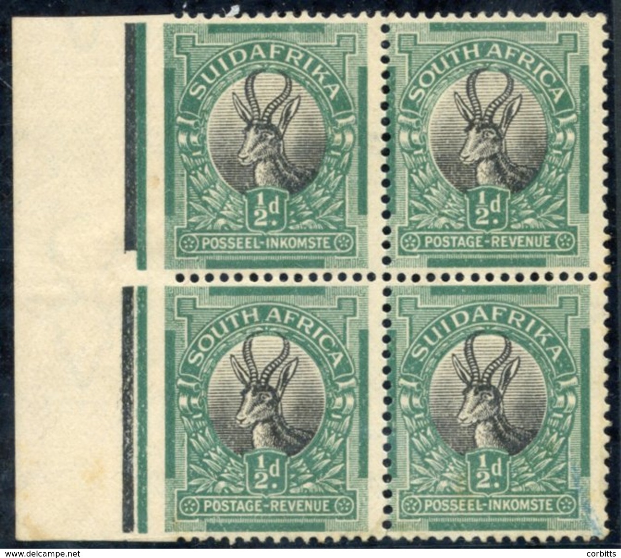 1926-27 ½d Black & Green, M Block Of Four From The Left Of The Sheet, Variety Imperforate Between Stamps & Margin, Toned - Other & Unclassified