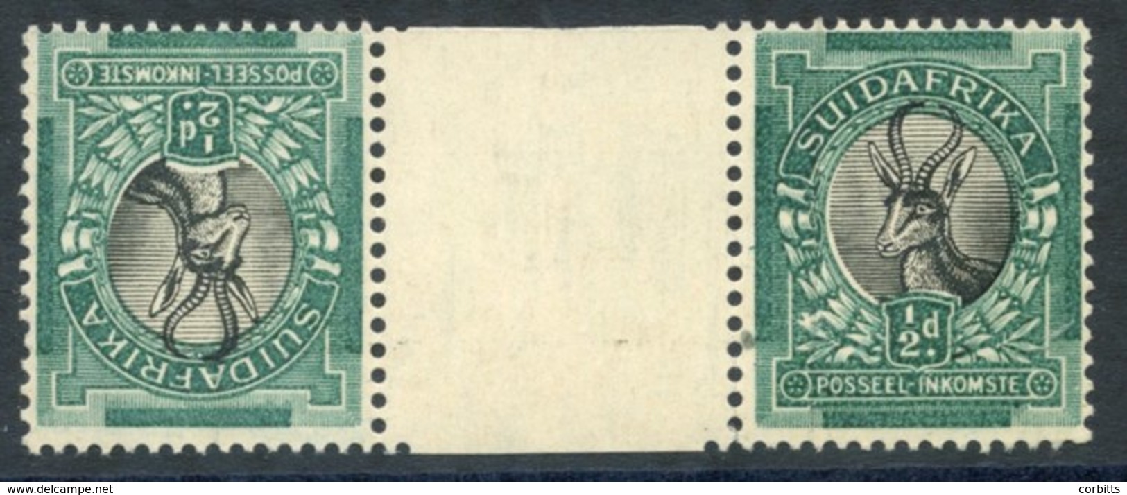 1930-44 ½d Springbok Black & Green, Interpanneau Pair, Variety Tete-beche, M (gum Wrinkles & Fingerprint In Margin), SG. - Other & Unclassified