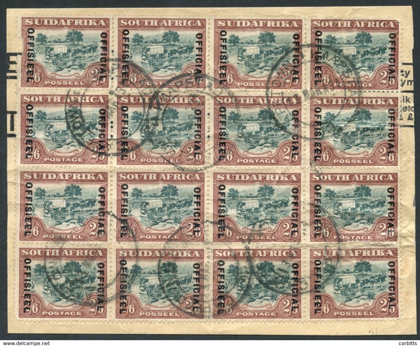 OFFICIAL 1934 2/6d Green & Brown, 21mm Between Lines Of Overprint, Used Block Of Sixteen On Piece, Cape Town 13.MAR.34 C - Other & Unclassified