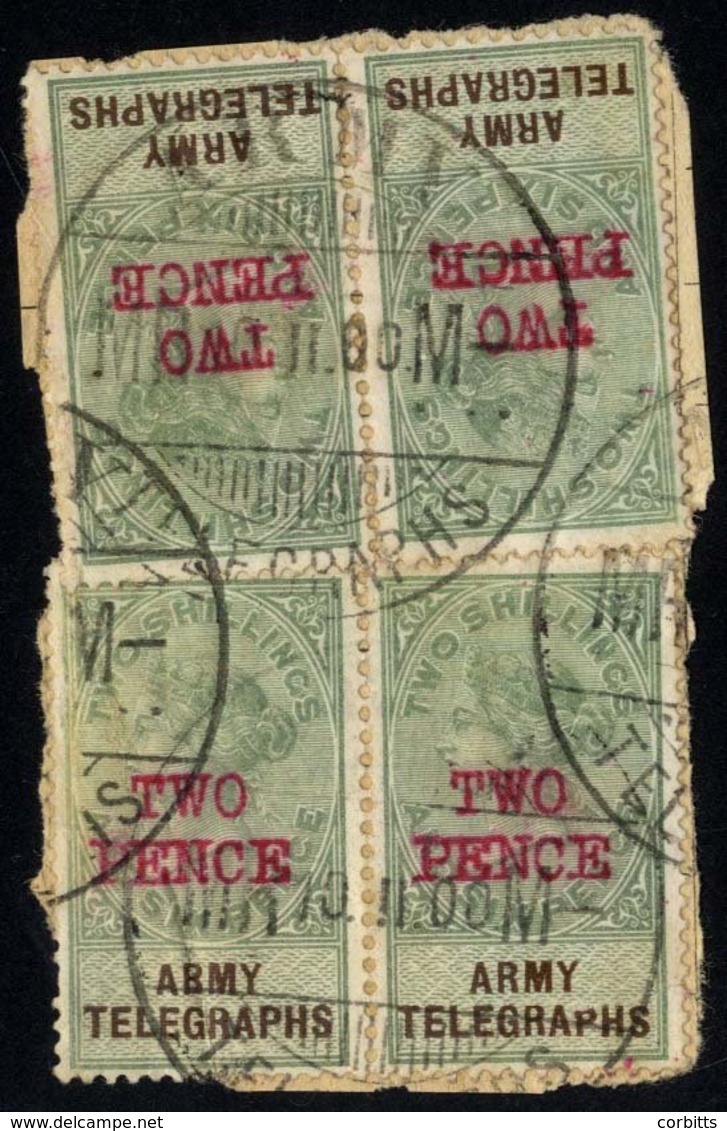 ARMY TELEGRAPHS 1900 'TWO/PENCE' On 2/6d Green & Brown, Two Pairs On A Piece, Tied By 'Army Telegraphs' D/stamps, One Ha - Autres & Non Classés