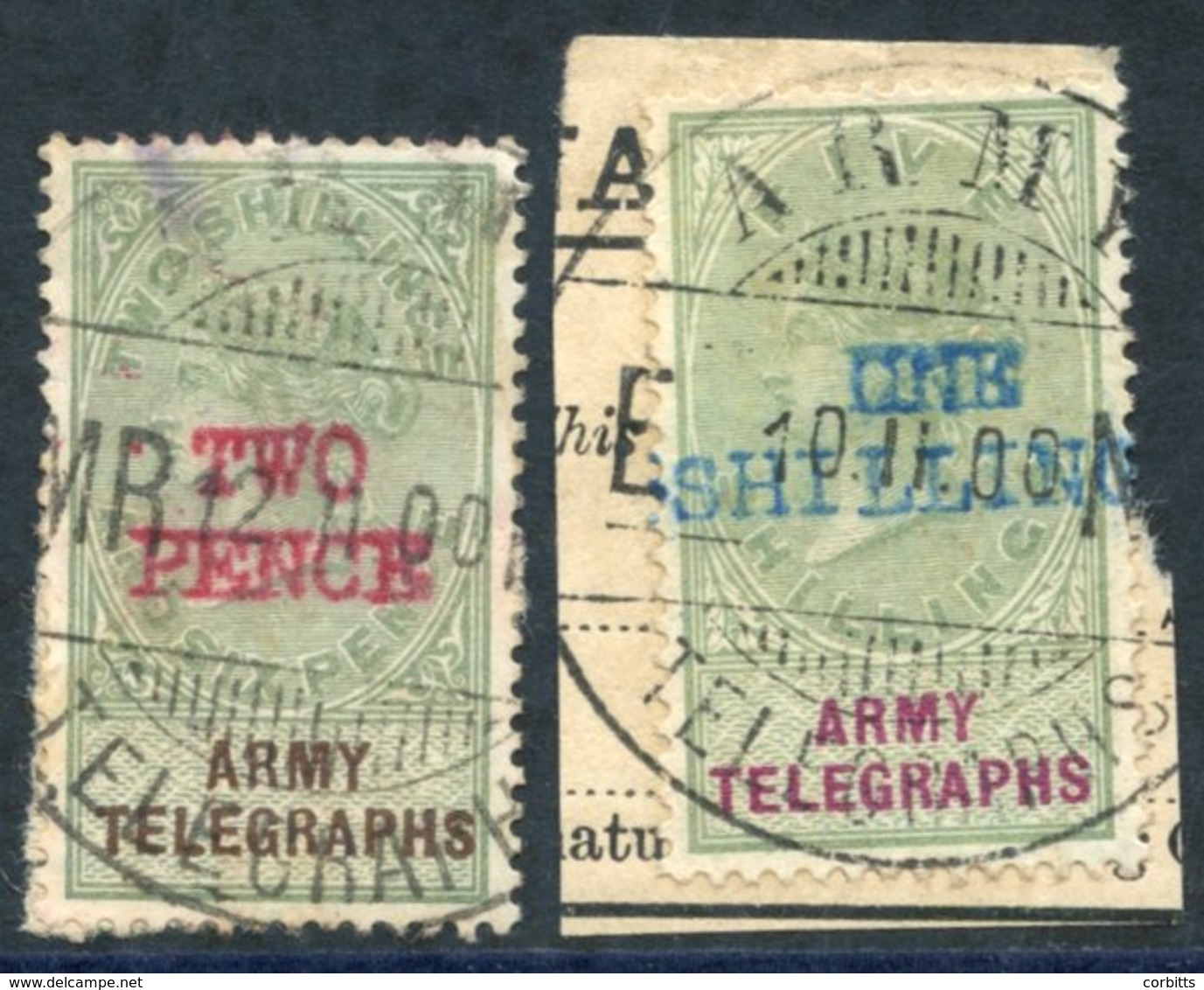 ARMY TELEGRAPHS 1900 'TWO/PENCE' On 2/6d Green & Brown, FU On A Close Cut Piece, 'ONE/SHILLING' On 5s Green & Mauve, FU  - Other & Unclassified