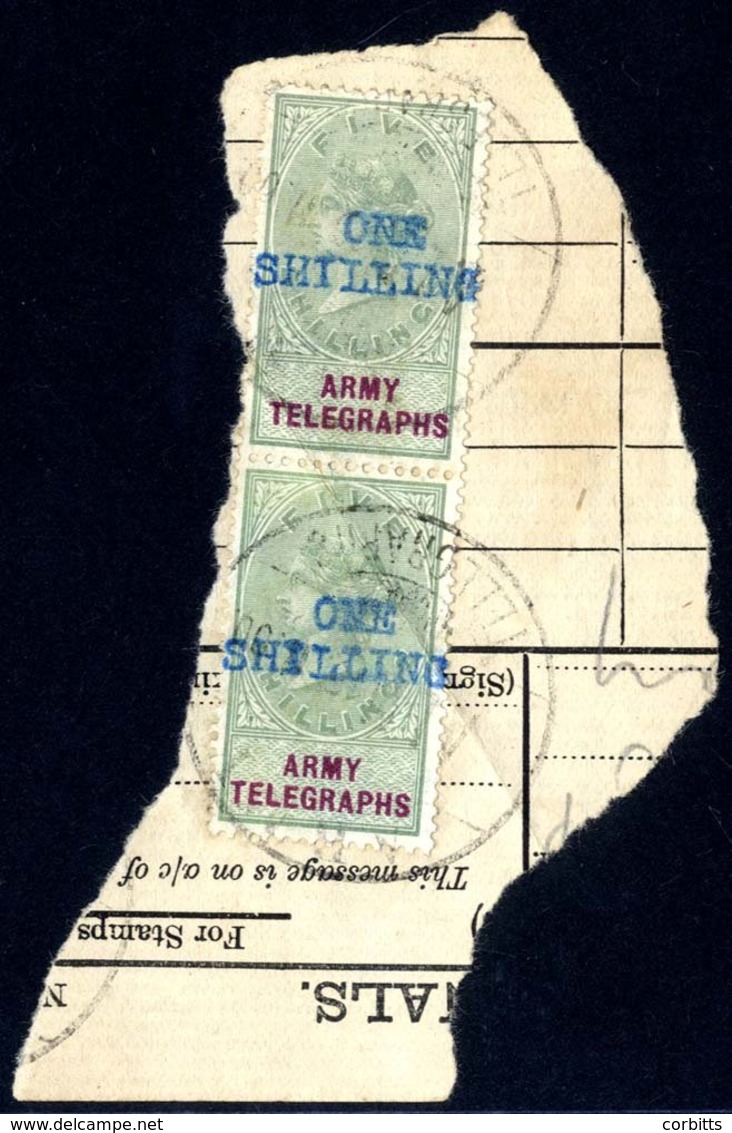 ARMY TELEGRAPHS 1900 'ONE/SHILLING' On 5s Green & Mauve Vertical Pair, Tied To Piece By 'Army Telegraphs' D/stamp, Both  - Other & Unclassified