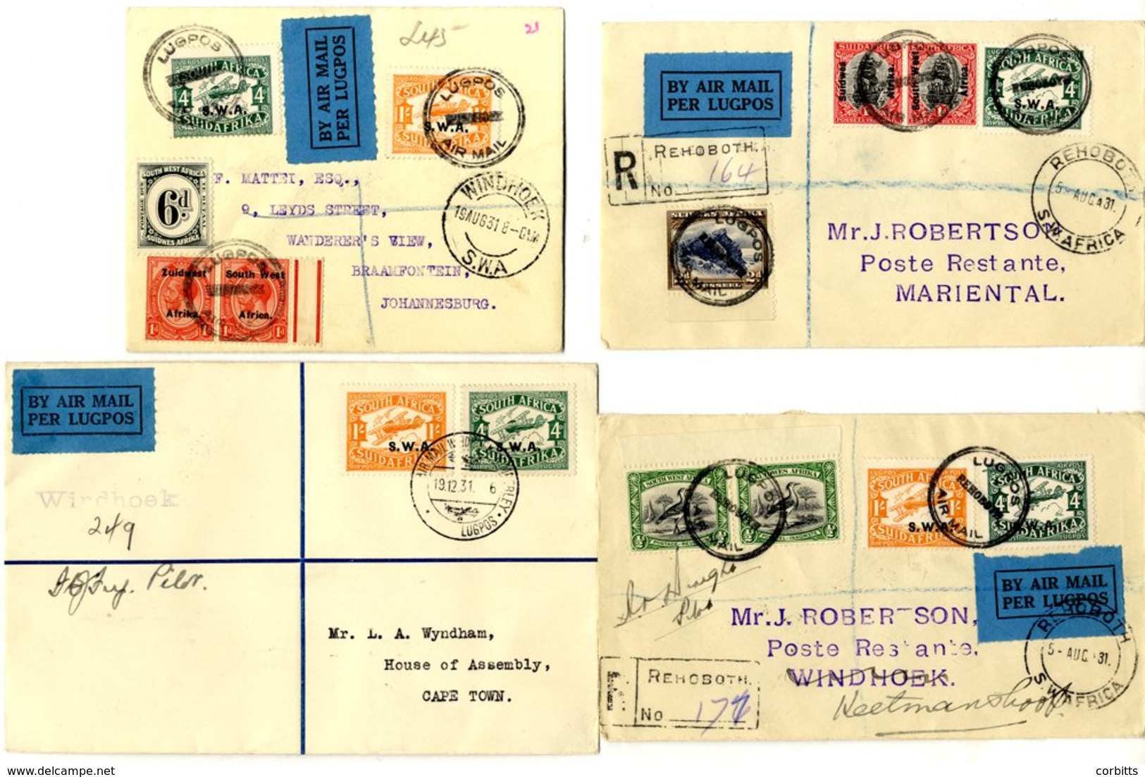 1931 First Flight Covers (4) Incl. 1931 Aug 5th SWAA Kehoboth - Mariental Reg Cover And Thus In Mailbag And Mis-sent To  - Other & Unclassified