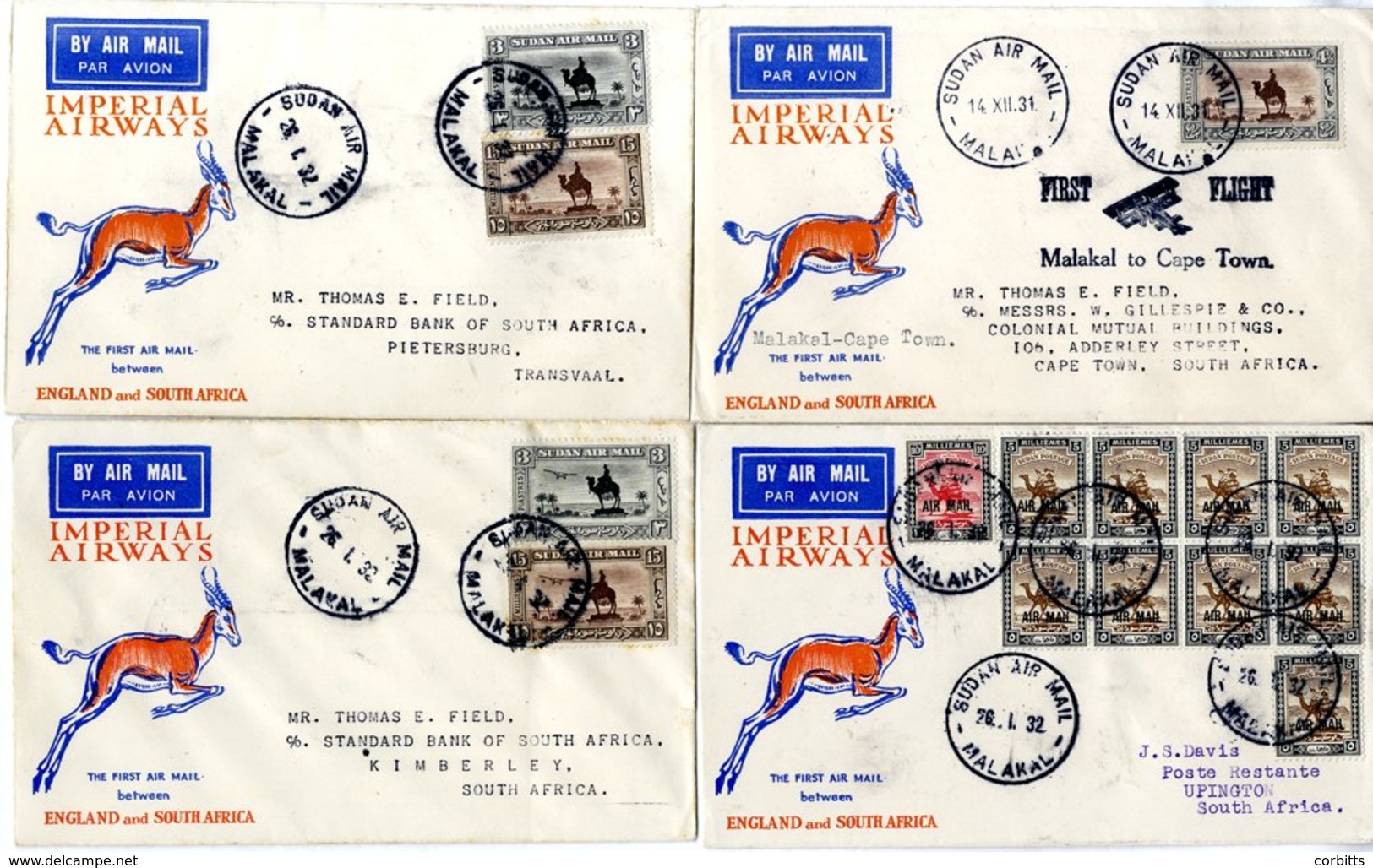 1931-32 First Flight Covers (4 Official Covers) Imperial Airways 1931 Dec 16th Christmas Flight Malakal - Cape Town Fran - Other & Unclassified