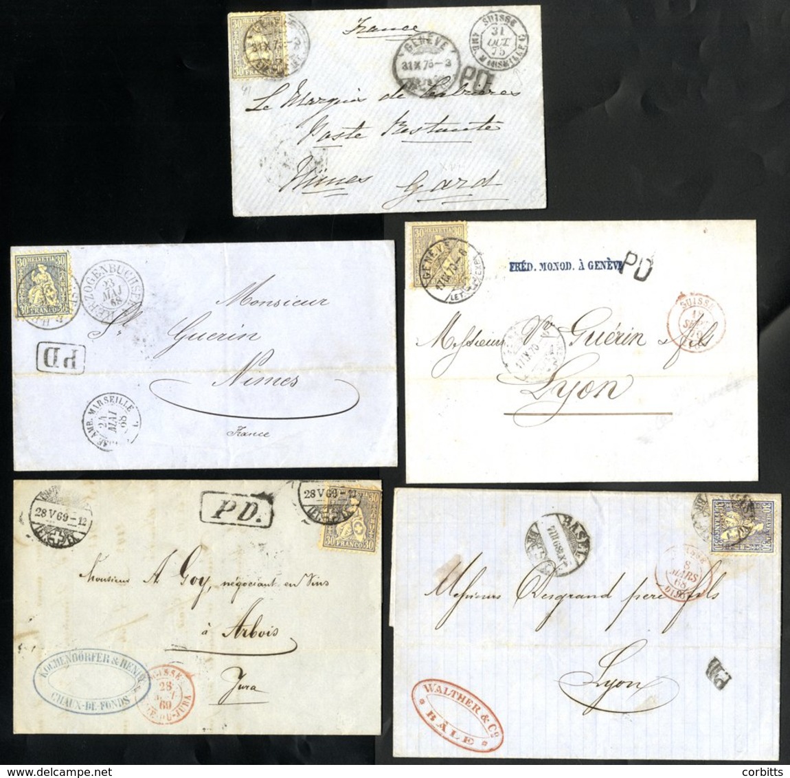 1865-75 Selection Of Five EL's To France, Franked 30c Sitting Helvetia With A Variety Of Shades & Cancels. (5) - Autres & Non Classés
