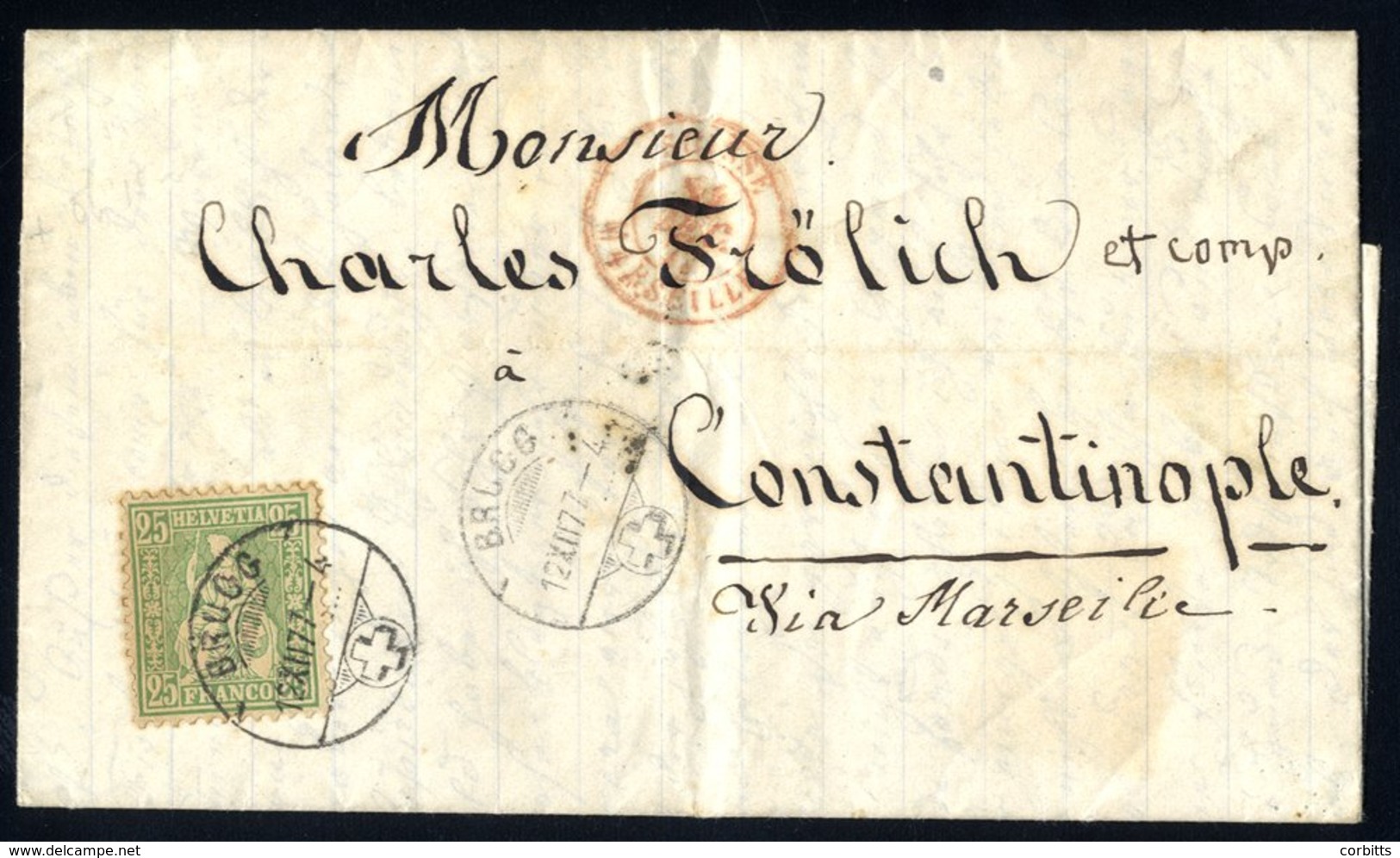 1877 EL To Constantinople Franked 25c Sitting Helvetia, Cancelled BRUGG C.d.s. Routed Via Marseille. Fine. - Other & Unclassified