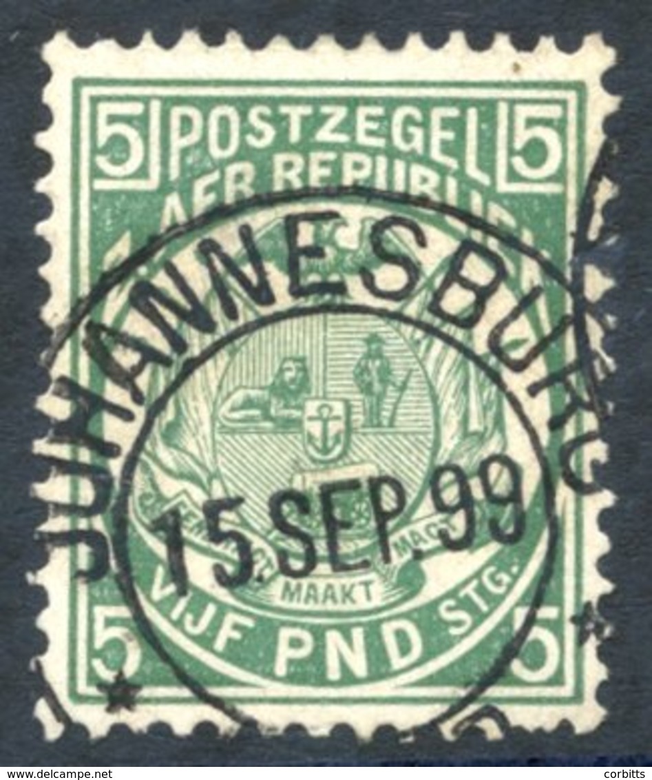 1892 £5 Deep Green, FU (blunt Perf At Lower Right Base), Johannesburg 15.SEP.99 Cancel. - Other & Unclassified