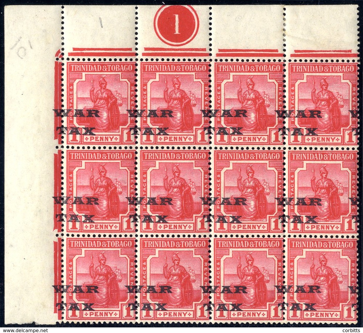 1918 Jan War Tax Type 25 On 1d Scarlet In A UM Block Of Twelve From The Top Left Corner Of The Sheet With Plate Number,  - Autres & Non Classés