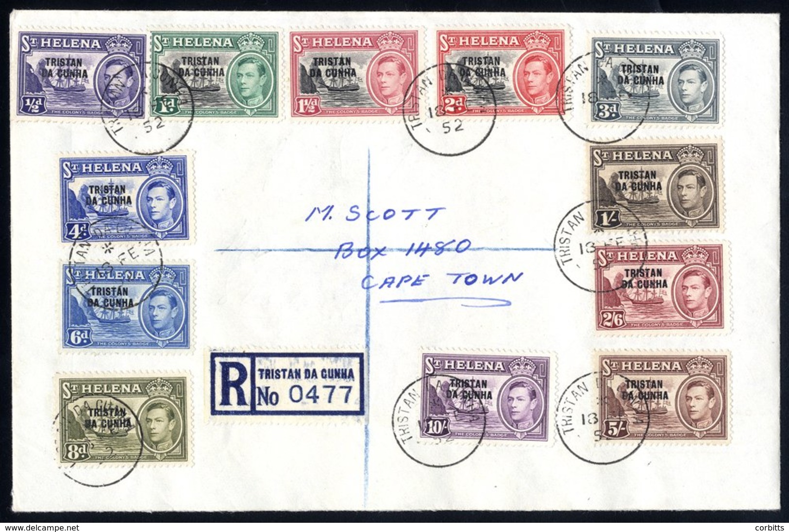 1952 Defin Set Complete On A Reg Cover To Cape Town, Cancelled By Very Fine Tristan 18th Feb 52 C.d.s. - Other & Unclassified