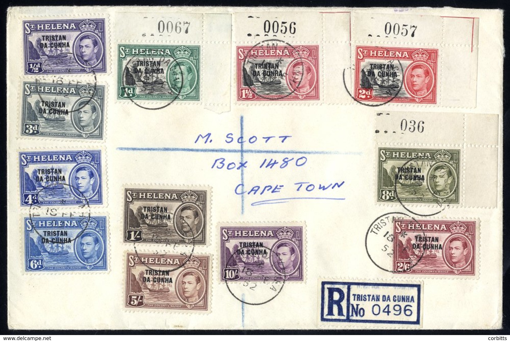 1952 Reg Cover To Cape Town, Bears Tristan Reg Label & Complete Defin Set Of Twelve (four Vals With Marginal Sheet Numbe - Other & Unclassified