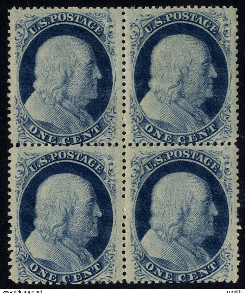 1857 1c Blue Franklin Mint Block Of Four, Gum Toned With Minor Gum Bends, Odd Short Or Missing Perf. Fresh Appearance. - Other & Unclassified