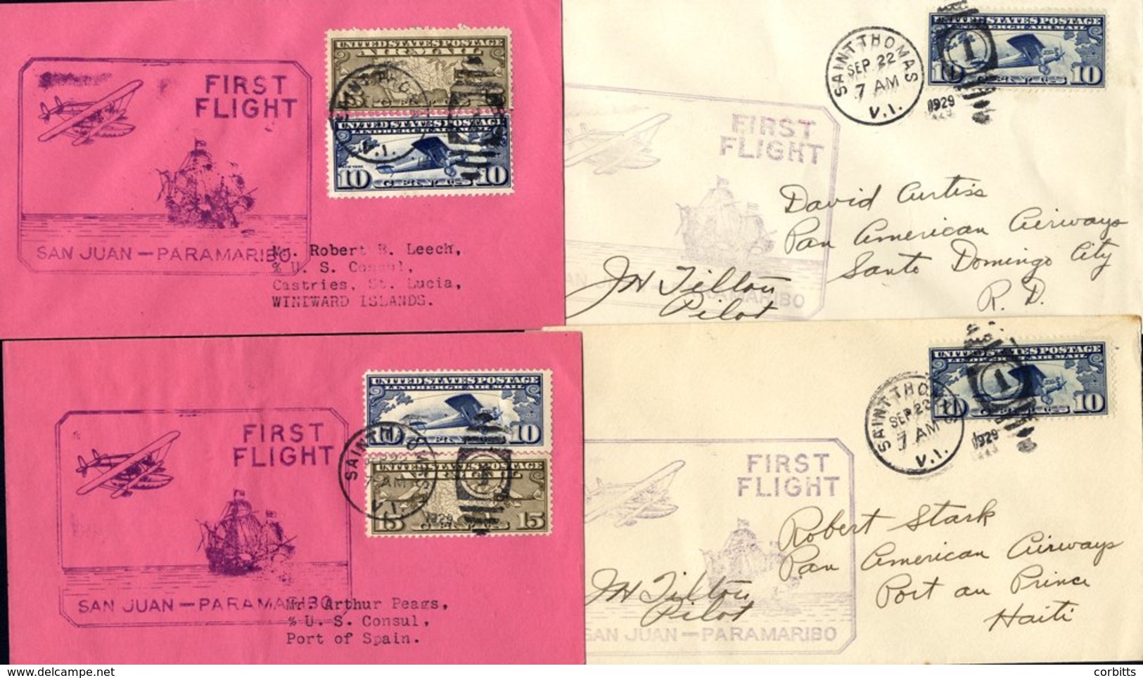 1929 First Flight Covers (4) From 1929 Sept PAA Fam 6 Extension To Paramaribo By Lindbergh St. Thomas - Castries, St. Lu - Other & Unclassified