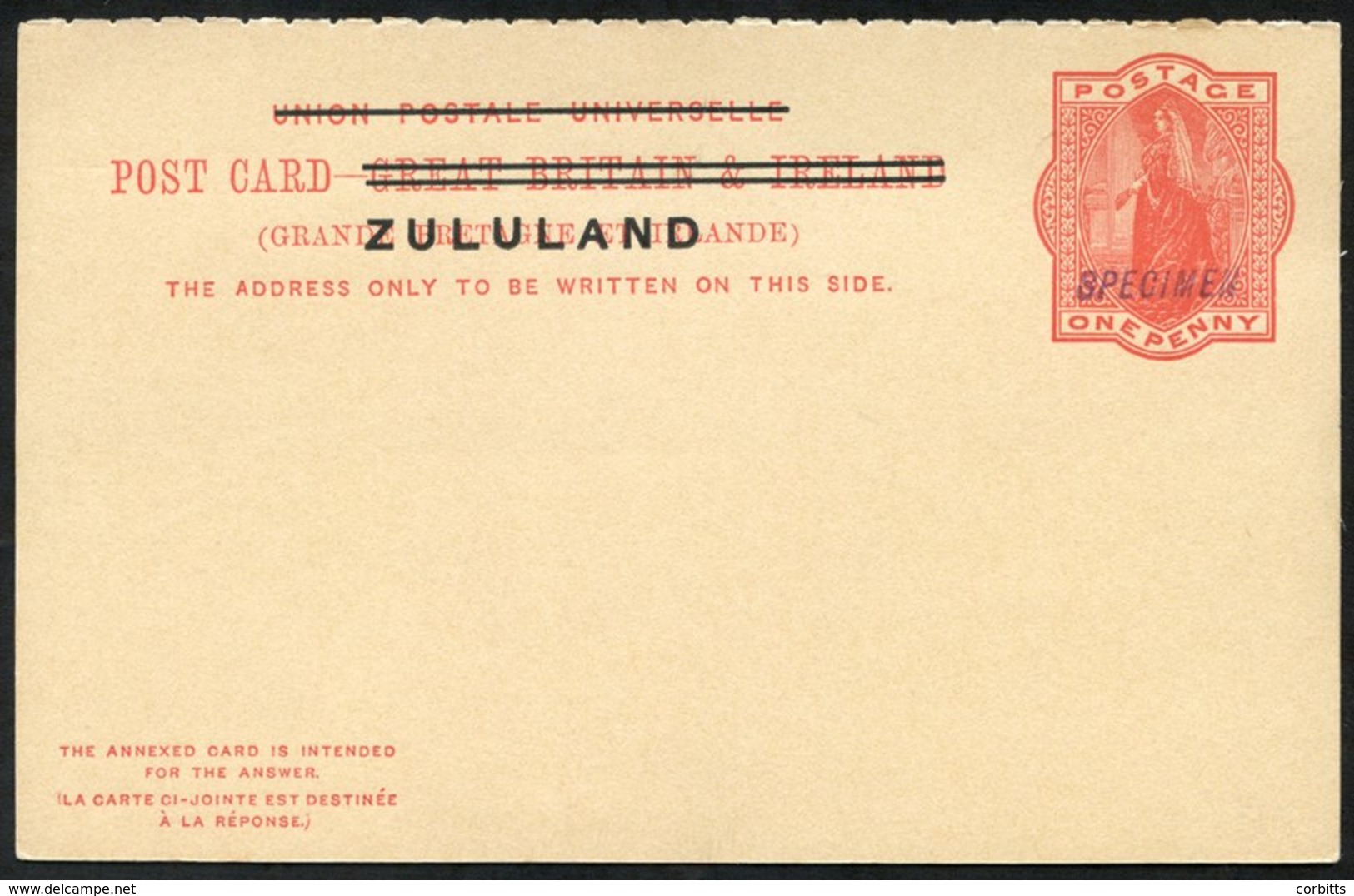 1893 GB Overprinted Zululand 1d Reply Paid Card, Both Portions H/stamped 'SPECIMEN.' - Other & Unclassified