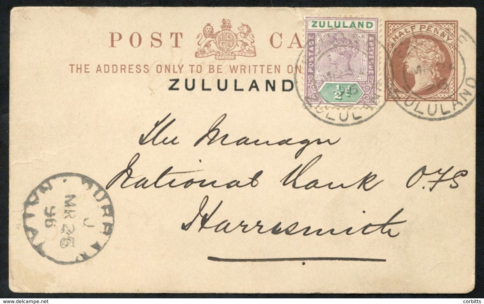 1896 ½d Postcard With ½d Added To Harrismith, O.F.S, Cancelled ESHOWE MR.24.96. Durban Transit Cancel On Front. Inter Ba - Autres & Non Classés