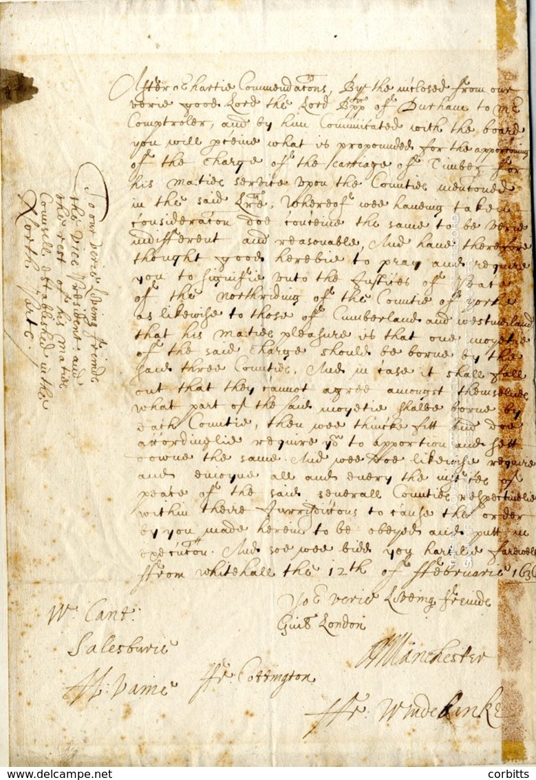 1636 Charles I - A Privy Council Warrant Addressed To The 'Council Of The North' Signed By Wm Laud Archbishop Of Canterb - Autres & Non Classés