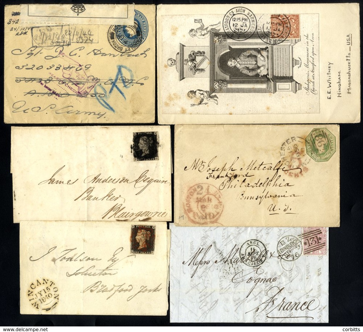 1838-1944 Postal History Accumulation Incl. 1840 1d Black Covers (2) - Faults, 1856 Cover To USA Franked 1s Green Emboss - Autres & Non Classés