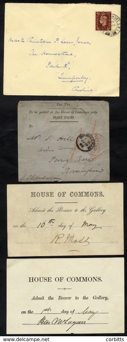 House Of Commons 1866-1955 Selection Of Eleven Items Incl. 1882 Par Pro Post Paid Front, Various Crests On Envelopes Inc - Autres & Non Classés