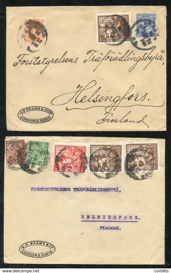 1924 Covers (2) From London To Helsingfors, Finland, First Franked Wembley 1924 1d, 1½d (2) + ½d & 1½d Defins, Cancelled - Autres & Non Classés