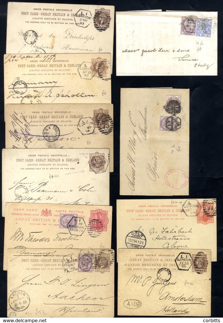 LONDON 1880-99 Covers & Cards To Foreign Destinations, All With London Late Period Hexagonal Duplex Cancellations Incl.  - Autres & Non Classés