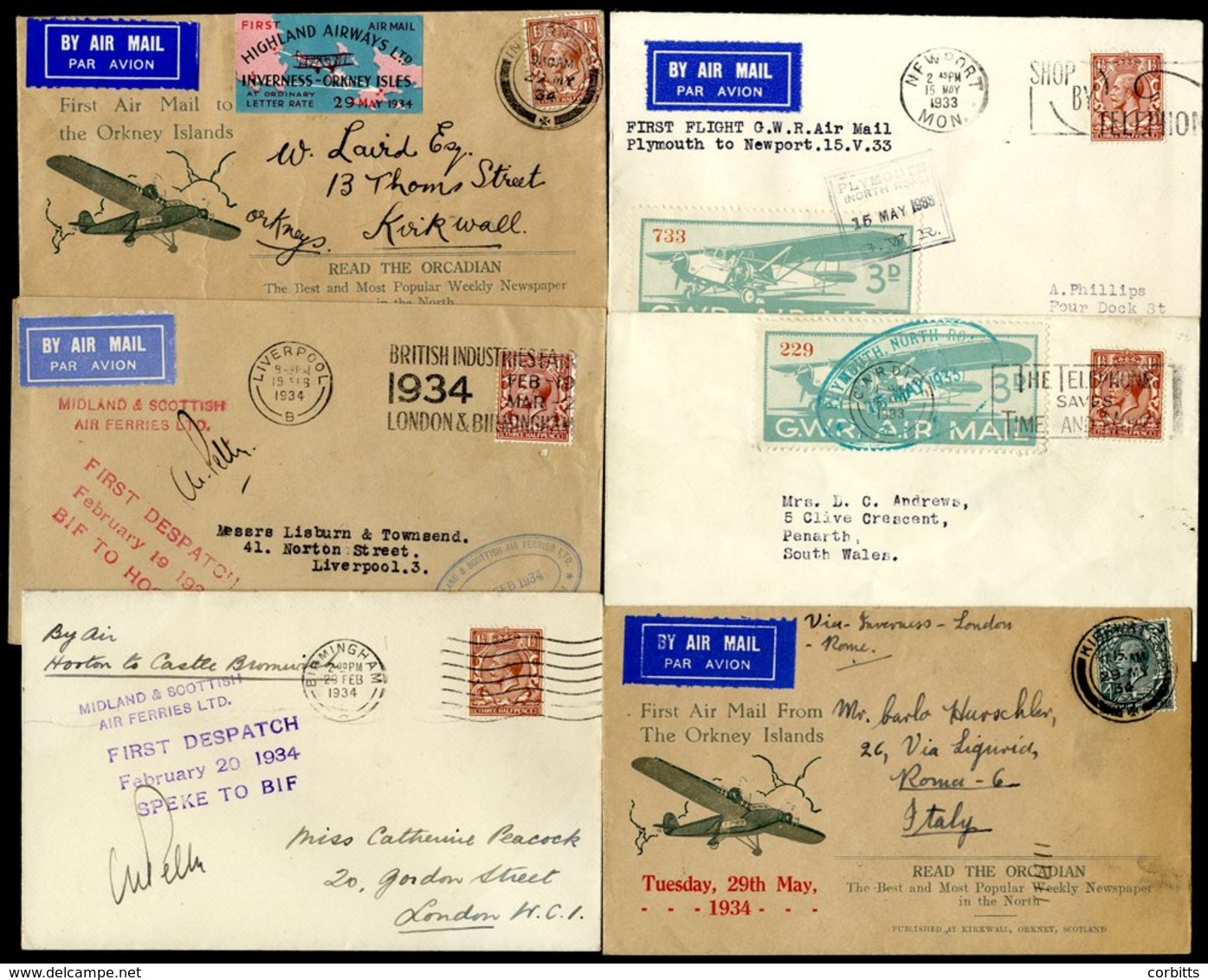 1933-34 First Flight Covers (6) From 1933 G.W.R First Service With Semi-official 3d Stamp Plymouth - Newport & Posted On - Autres & Non Classés