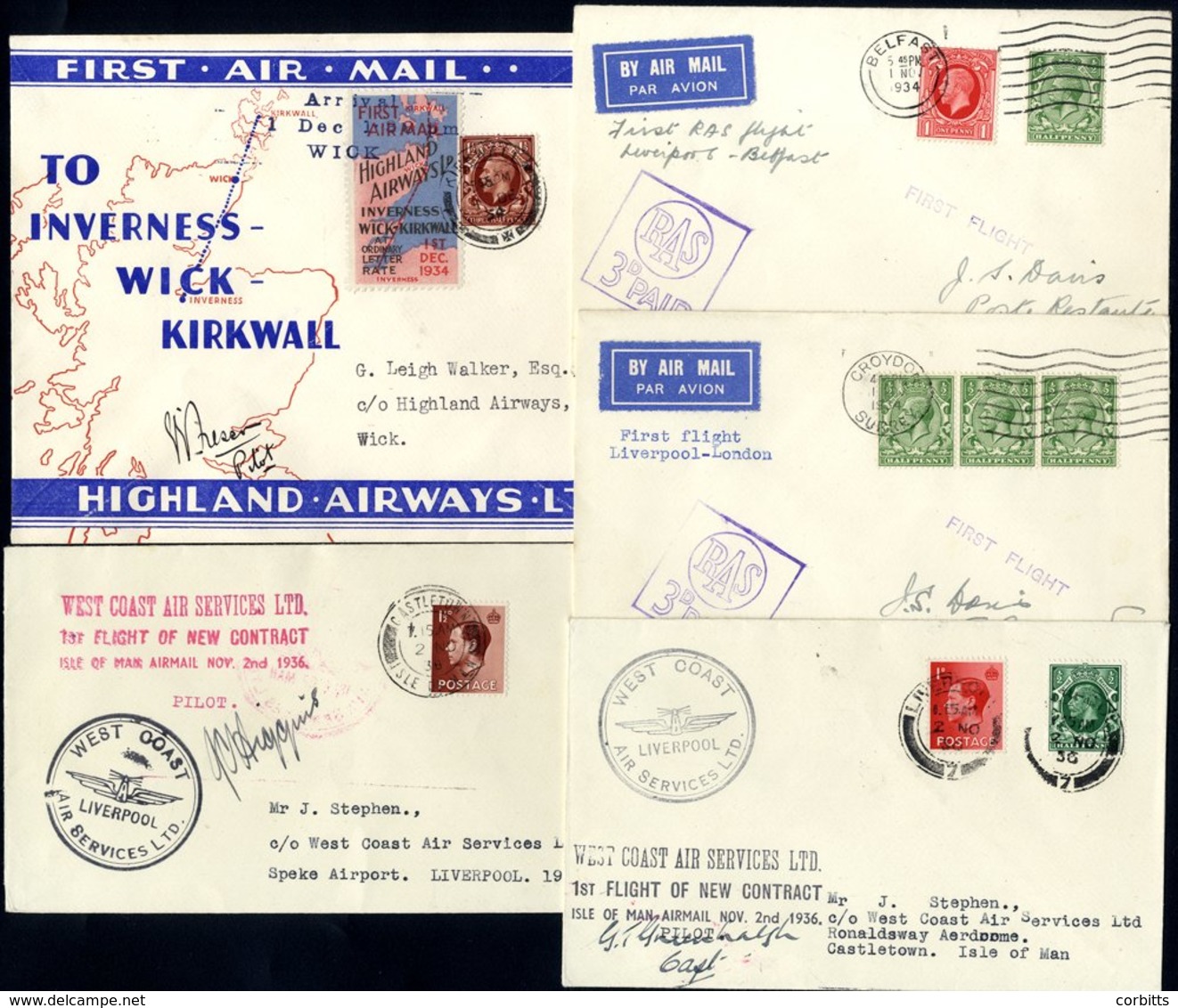 1934-36 First Flight Covers (5) From 1934 Nov 1st R.A.S Liverpool - Belfast With 'RAS/3d PAID' Cachet, Another For Liver - Other & Unclassified