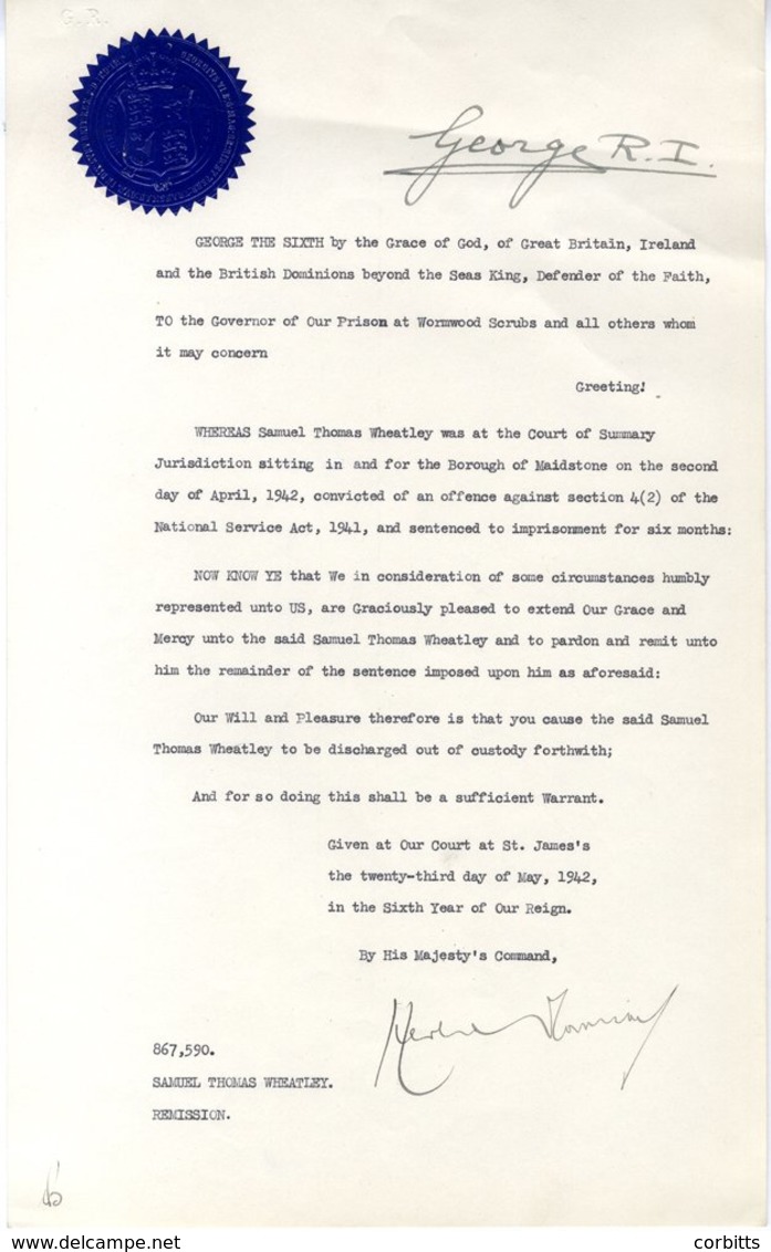 GEORGE VI Signature As King At The Head Of A Page Dated 1942, Addressed To The Governor Of Wormwood Scrubs, Relates To S - Autres & Non Classés