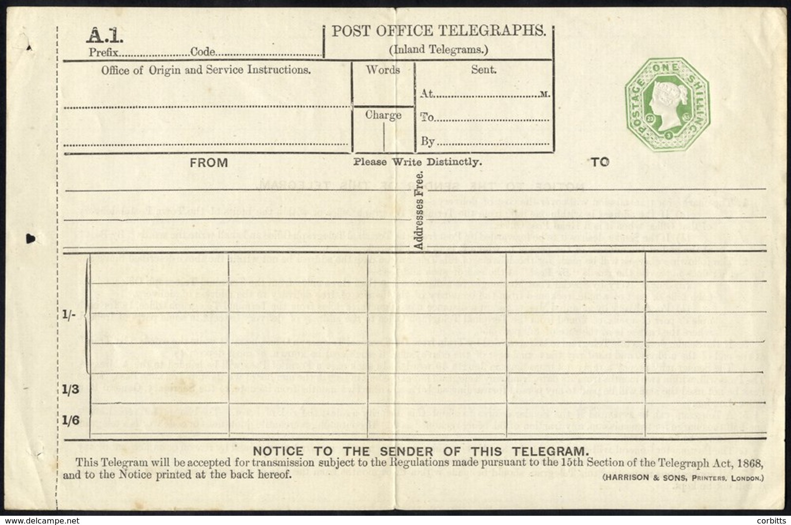 QV Telegraph Form 1s Green, Dated Die 23.3.85, Higgins TP8a Harrison & Sons Imprint, Cat. £200, Vertical Crease, Scarce. - Other & Unclassified