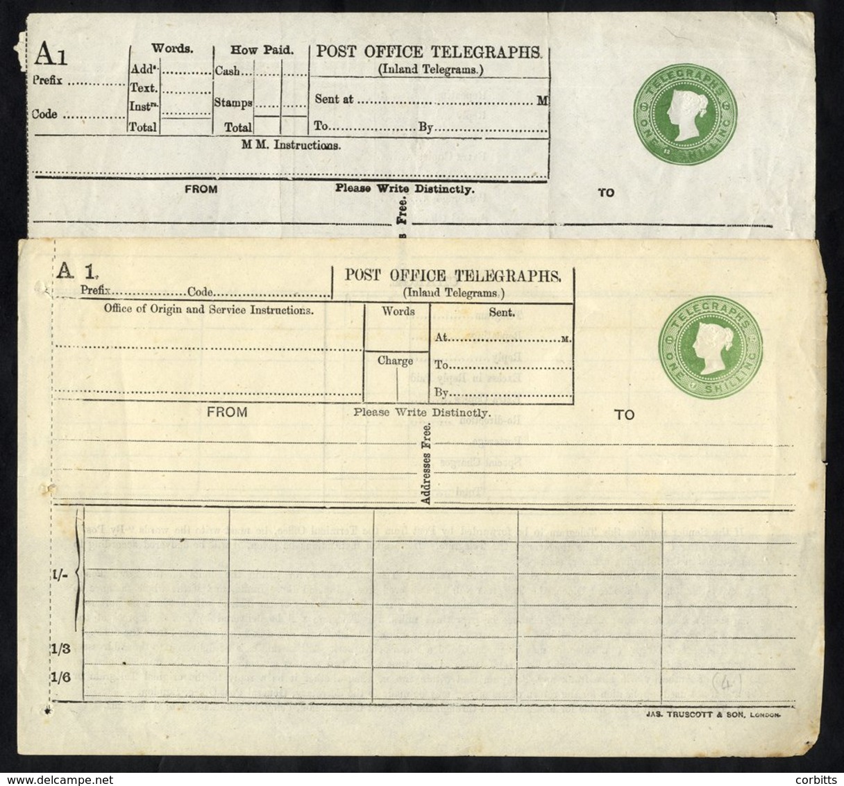 QV Telegraph Form 1s Green, Dies TP7a Millington & Hutton Imprint (Cat. £100) & TP7b, Jas Truscott & Son Imprint (Cat. £ - Autres & Non Classés