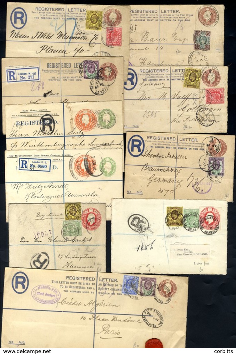 KEVII Registered Stationery Envelopes Uprated For Foreign Destinations With A Range Of Stamps Incl. Perfins Plus Four Ot - Autres & Non Classés