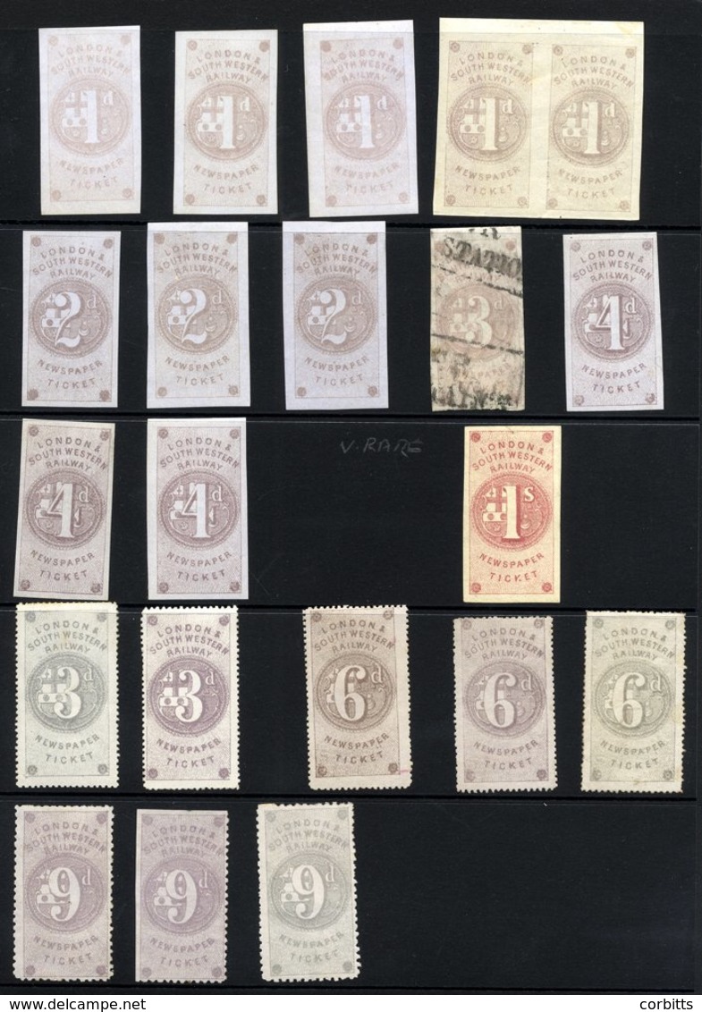 London & South Western Railway 1855 Newspaper Ticket Imperf 1d (3), 2d (3), 4d (3) All M & 3d U On Blue Paper, 1d Pair & - Autres & Non Classés