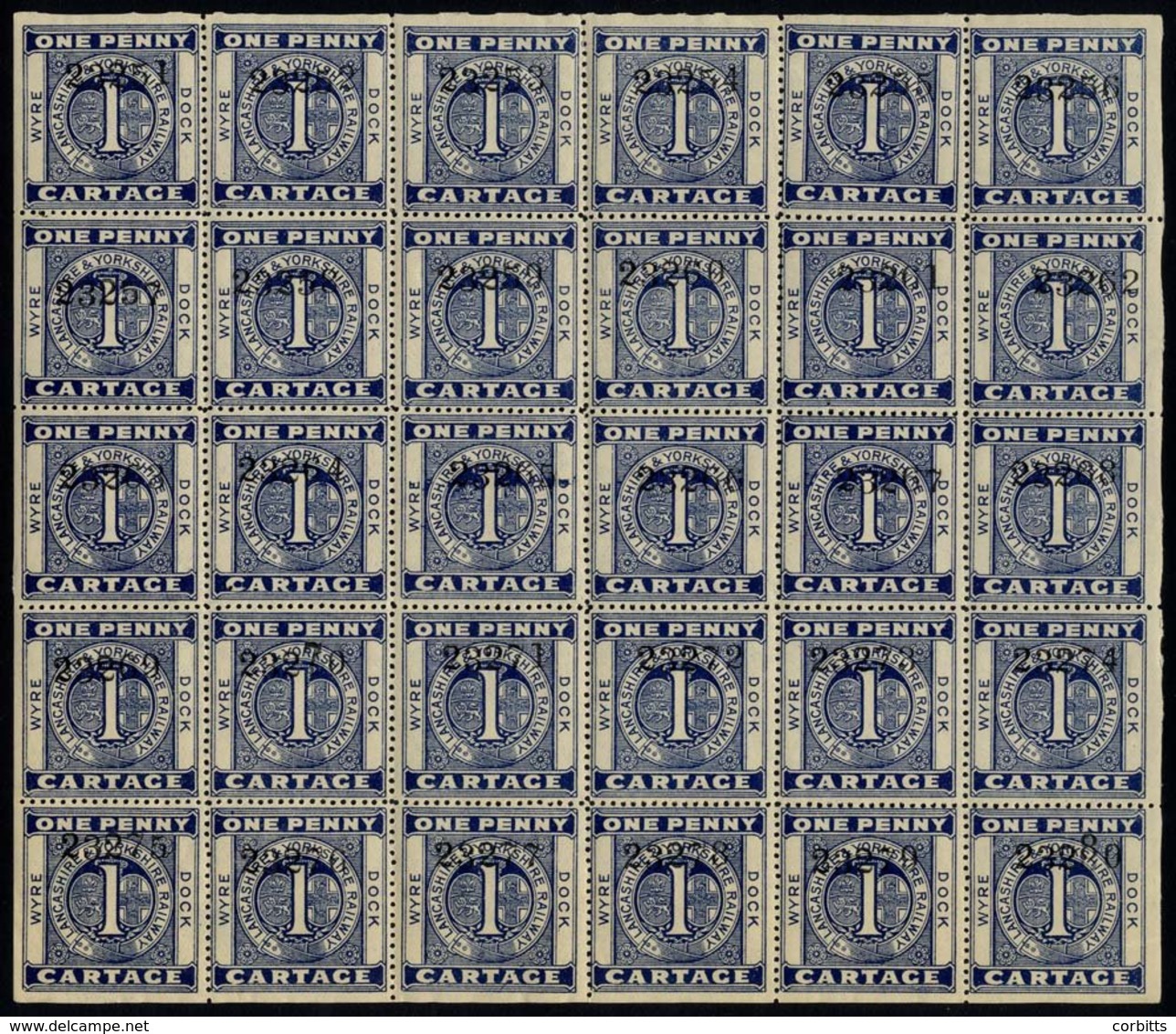 1880 (Circa) Lancashire & Yorkshire Railway Wyre Dock 1d Cartage Stamp In Pane Of 30 Stamps, Fresh UM, Not Recorded By E - Autres & Non Classés