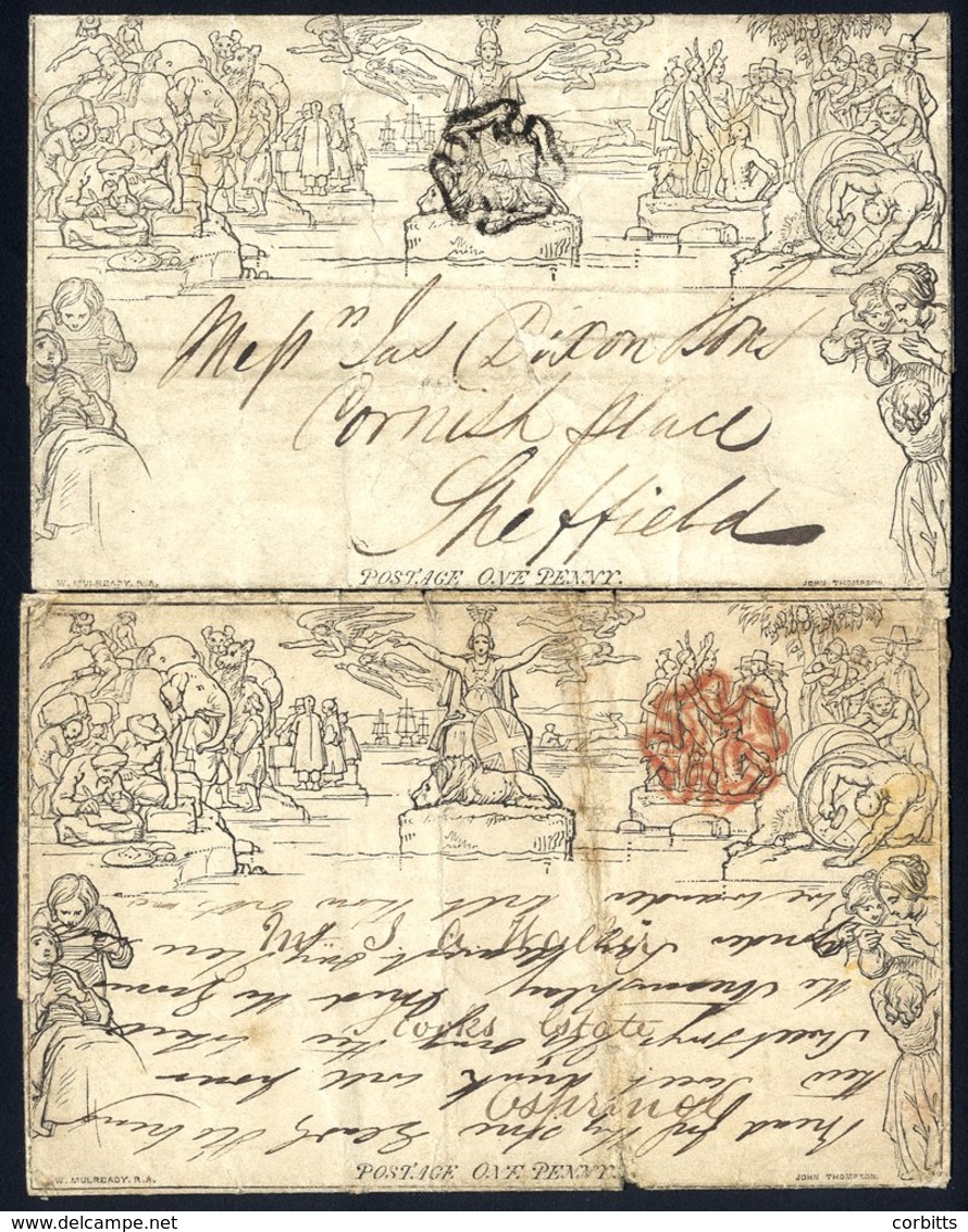 1840 One Penny Letter Sheets (2) Used With Red MC & Black MC, Both Have Faults, Creasing Wear Etc. - Autres & Non Classés
