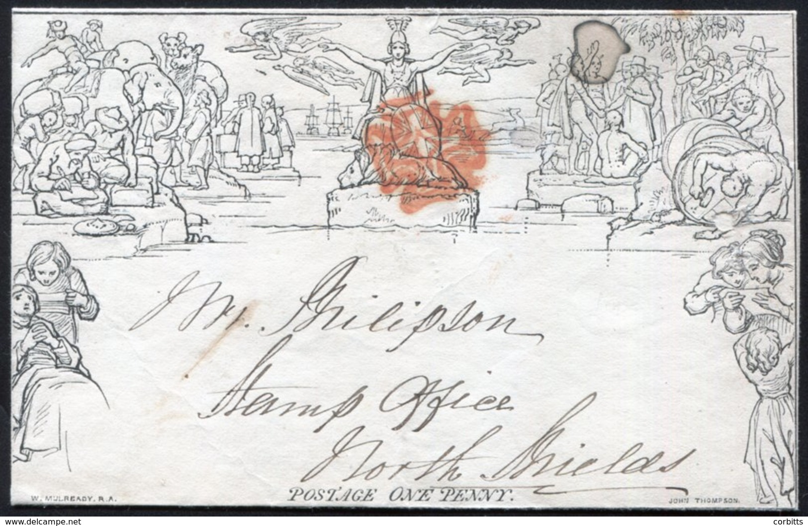 1841 Jan 26th One Penny Letter Sheet 'A11' From Newcastle To North Shields, Cancelled By A Red MC, Stained At Upper Left - Autres & Non Classés